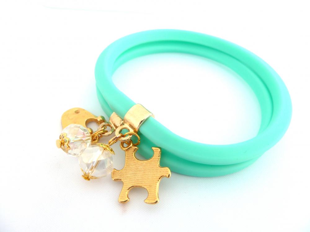 Set Of 2 Thick Rubber Tube Bracelets With Gold Plated Charms And Crystal Beads on Luulla