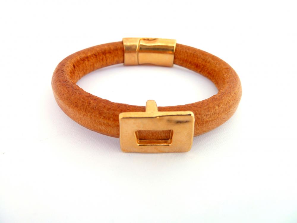 Thick Leather Bracelet In Tan Colour With Gold Plated Rectancular Charm
