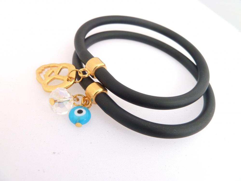 Black Rubber Bracelets/set Of 2 Black Rubber Tube Bracelets/gold Plated Skull/crystal Bead/evil Eye/gift Under 15
